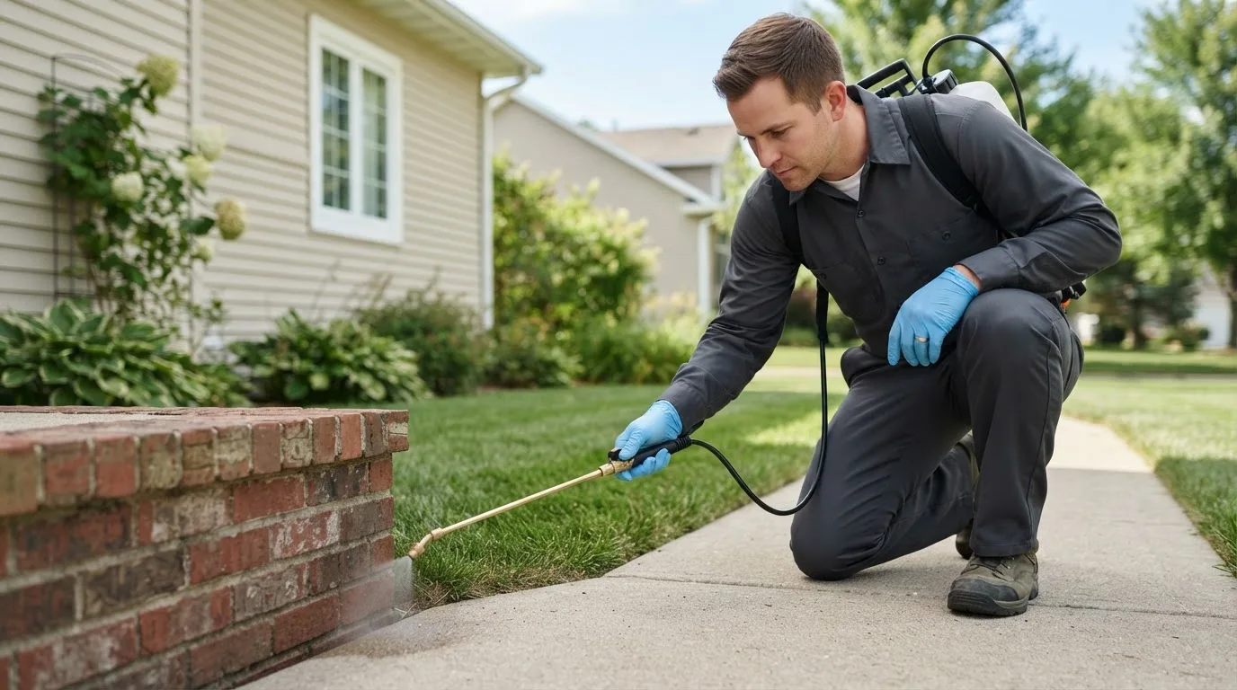 Pest control technician treating a home near Rensselaer, IN